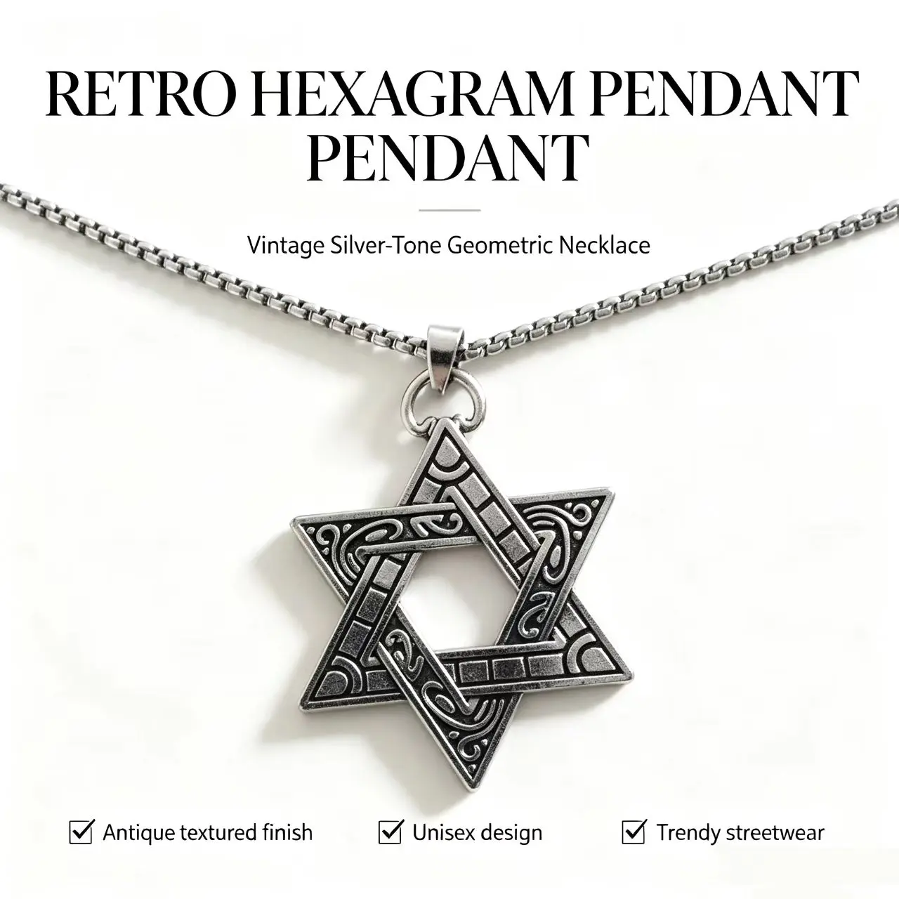 Hexagram Pendant Necklace - Premium Titanium Steel Vine Engraved Geometric Star Charm, Durable Fashion Accessory, Waterproof Casual Daily Box Chain for Men & Women
