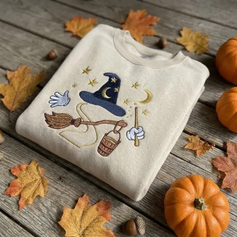 Magical Embroidered Crewneck, Wizard Hat Broom Wand Sweatshirt, Fantasy Halloween Cozy Fall Shirt for Magic Lovers