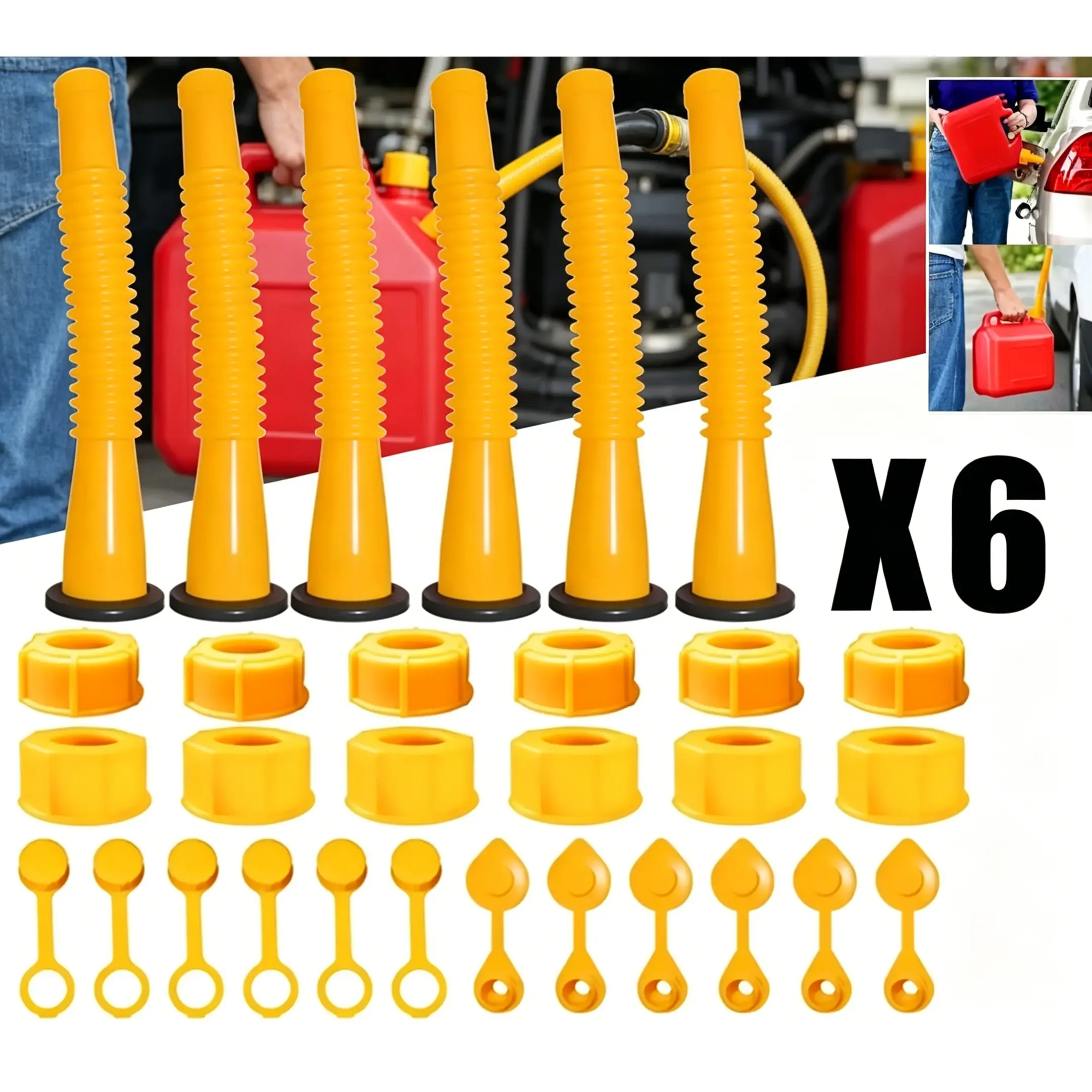 6-Piece Rugged Materials Gas Can Spout & Vent Kit - Universal Replacement Nozzles for Old-Style Plastic Gas Cans, Leak-Proof Secure Seal, Easy Install, Smooth Flow for Outdoor Fuel Refueling of Generators, Lawn Mowers, Farm Equipment