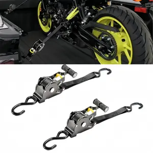 Retractable Ratchet Tie-Downs (2-Pack), guaranteed maximum breaking strength of 1500 pounds. 1" x 10' automatic retractable tie-downs with padded handles, used to secure freight motorcycles during transportation.