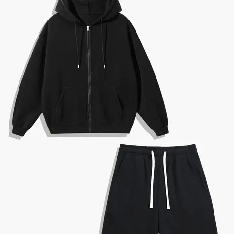 Unisex Oversized Full Zip Hoodie Tracksuit, Solid Color Loose Fit 2 Piece Matching Outfit, Zip Up Hooded Sweatshirt & Drawstring Casual Shorts Streetwear Set for Men Women