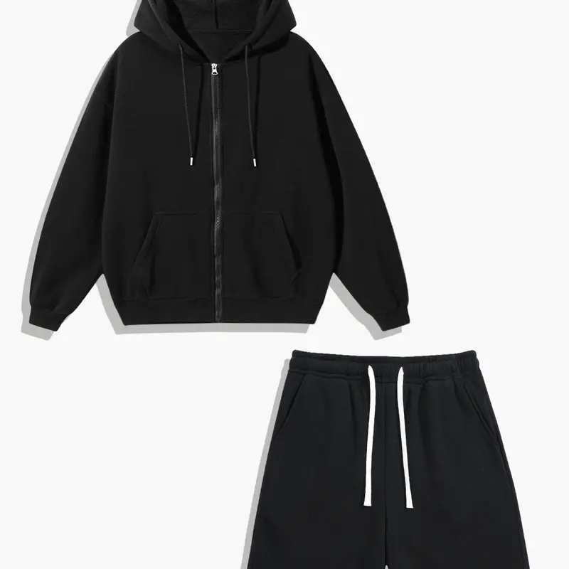 Unisex Oversized Full Zip Hoodie Tracksuit, Solid Color Loose Fit 2 Piece Matching Outfit, Zip Up Hooded Sweatshirt & Drawstring Casual Shorts Streetwear Set for Men Women