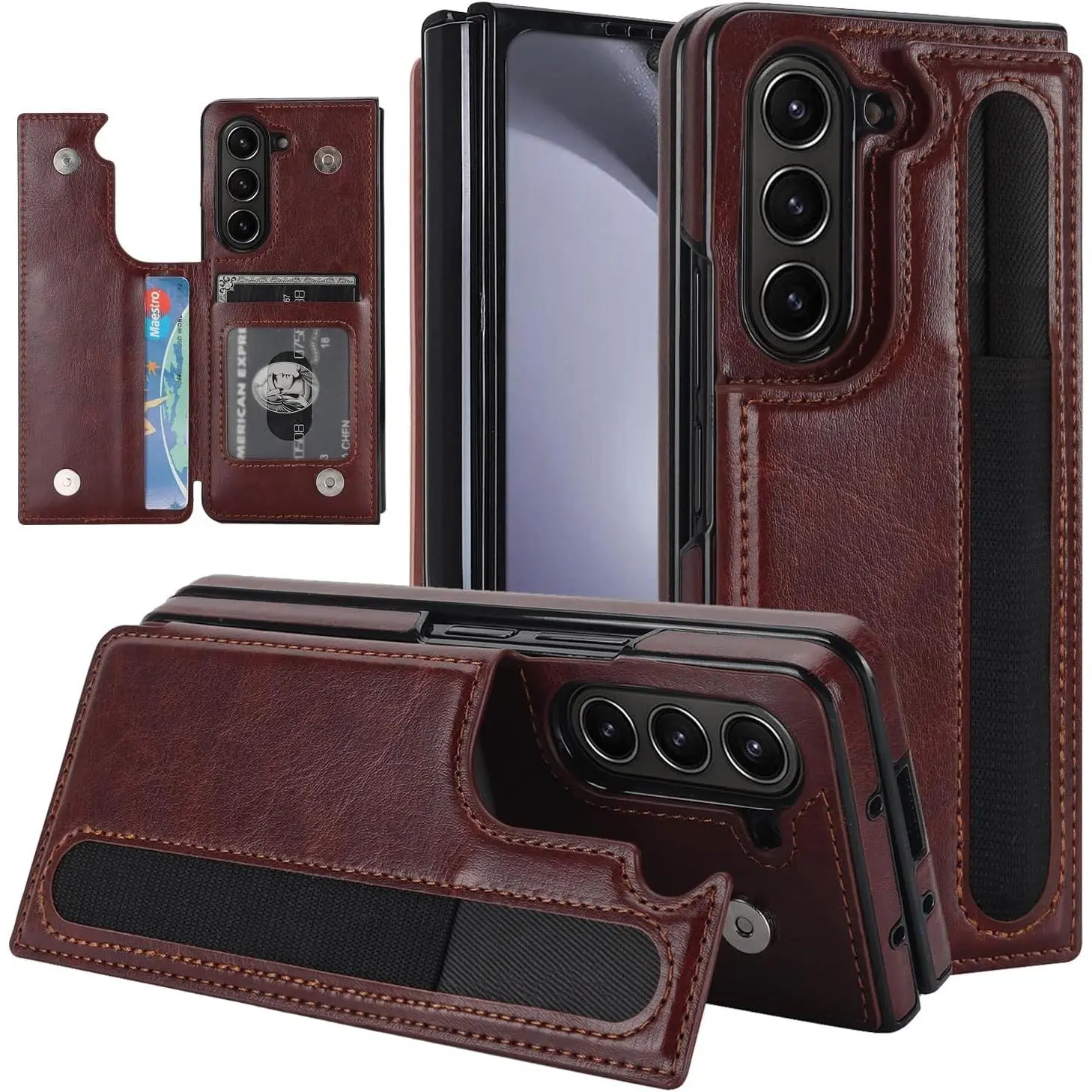 [KQ] Folding Samsung ZFold 3/4/5/6/7 Smartphone Casing - Protective Cover with Card Slots, Double-Button Pen Slots, Mobile Phone Handheld Device Accessory