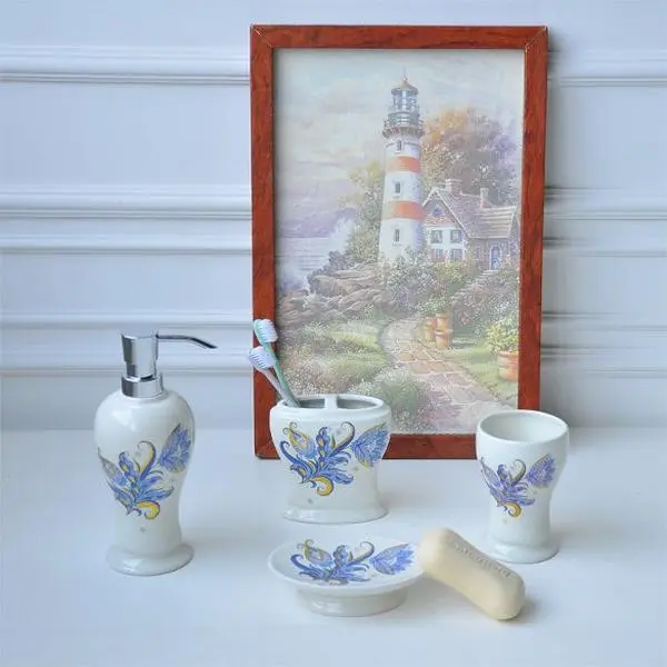 Watson Modern Lighted Ceramic 4-Piece Bathroom Accessory Set - Floral Design, Durable, Aesthetic, Includes Soap Dish, Toothbrush Holder, Pump Dispenser, Ideal for Home Use, Great Gift Option, 4-Piece Set
