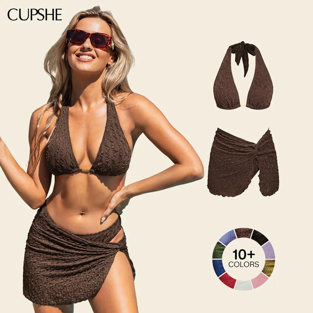 CUPSHE Women's 3-Piece Polyester-Spandex Swimwear Set - High Cut, Textured, Deep V Plunging Neck, Cheeky Coverage, Sculpting Sarong Skirt for Beach, Pool Bathing Suit (Bikini Sets, Swimsuits Bikinis)