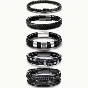 5pcs Black Faux Leather Bracelets for Men Women, Mens Bracelet Faux Leather and Braided Cuff Bracelets, Fashion Braided Bracelet