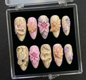 Enchanted Garden Press On Nails 3D Ball Python Rosy Maple Moth And Lily Florals
