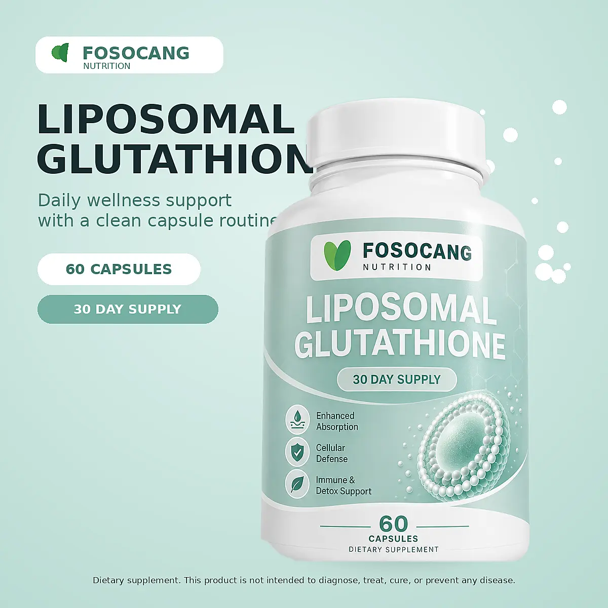 FOSOCANG Liposomal Glutathione, Enhanced Absorption Formula, Antioxidant & Cellular Defense Support, Immune & Detox Support, 60 Capsules, 30 Day Supply