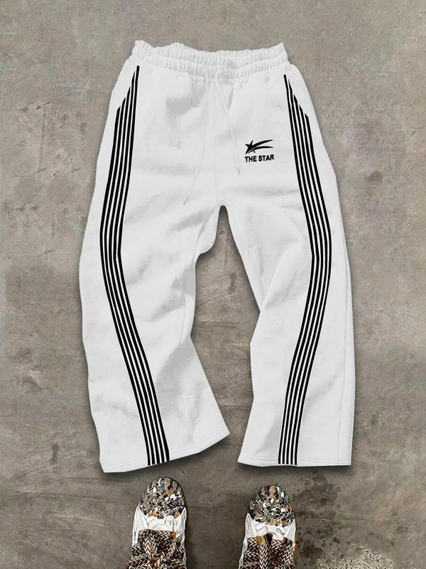 Men's Y2K Street Style Loose-Fit Straight Leg Sweatpants, Athleisure Style Bottoms, with Stripes & the Star Print, Casual Drawstring Waist Pants