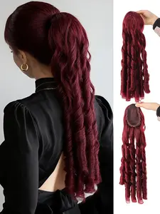 20 inch Long Wavy Synthetic Ponytail Drawstring Roman Curly Ponytail Wine Red Extensions for Women Daily Party Use，Drawstring Style Roman Curl Ponytail Wig Suitable for Women's Daily Wear and Holidays