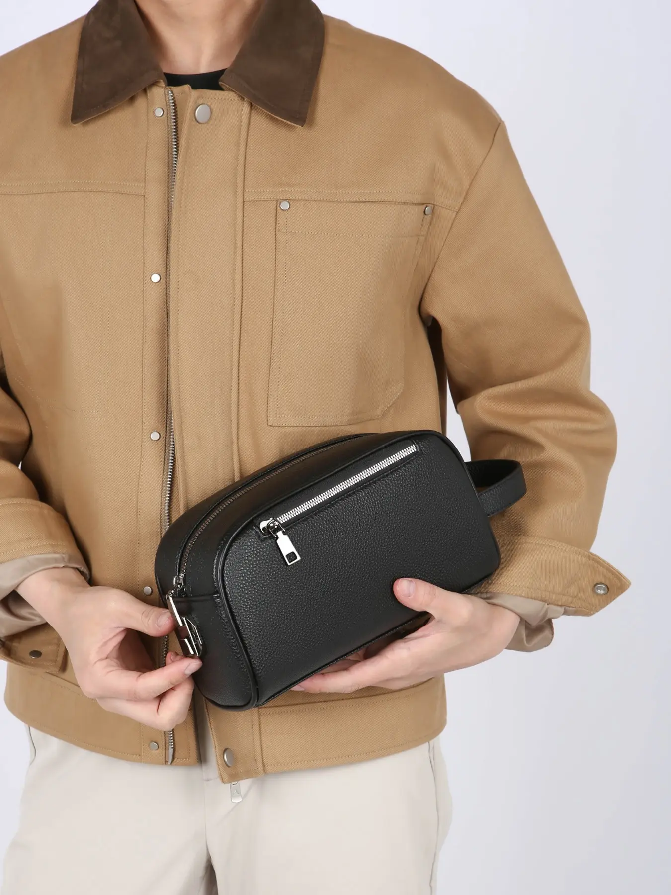 1pc Fashionable and casual men's grooming bag, large capacity double zipper travel storage bag, portable grooming storage bag for business trips, simple texture hand-held bag, a must-have for men, Travel Essentials