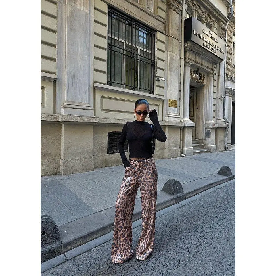 Divamo - Leopard Print Sequin Trousers - Camel