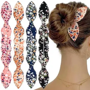 Deft Bun Maker 4 Pcs French Twist Rabbit Ear Bun Twister Flower Flexible Quick Hair Styling Accessories for Women Girls Floral Design