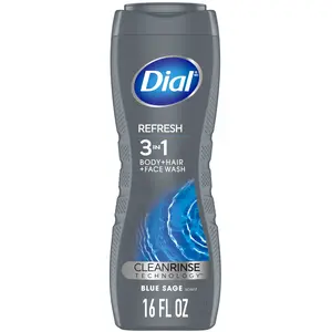 Dial Men's Refresh 3-in-1 Body Hair & Face Wash Hydro Fresh 16 Fl Oz Blue Sage Scent Clean Rinse Technology Paraben-Free Handy Cleansing