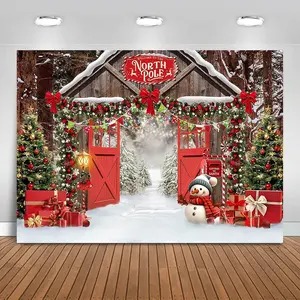 Christmas Backdrop 7x5ft North Pole Snowy Winter Forest Wooden Barn Door Photography Background Party Decorations Xmas Trees Family Holiday Banner Photo Booth Props