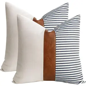 20x20 Pillow Covers Set of 2 Farmhouse Decor Stripe Patchwork Throw Pillow Covers Faux Covers for Couch Sofa,Navy Blue