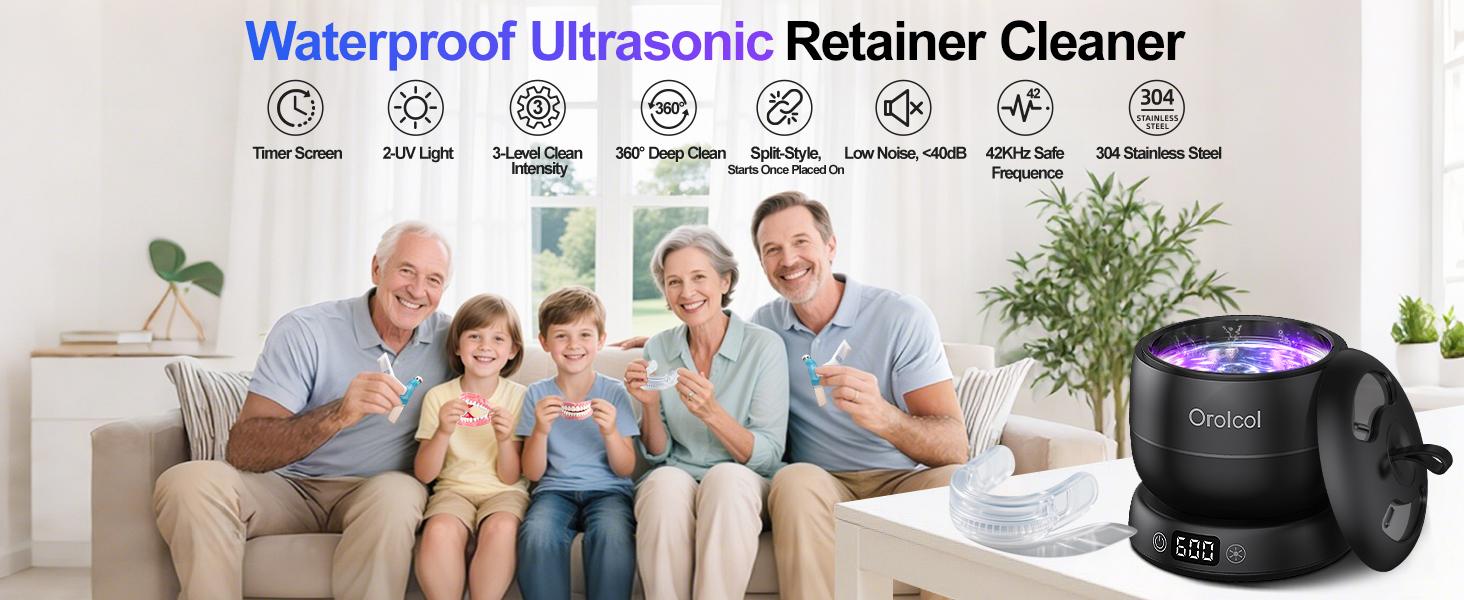 Ultrasonic UV Dentures Cleaner , 42 kHz Ultrasonic Retainers Cleaner Cleaning with 3 Time Modes & UV-C Light, Portable Dental Cleaner for Oral Care Appliances