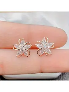 1pair Korean StyleSterling Silver Zircon Flower Stud Earrings - Dainty 5-Petal Floral Jewelry, Minimalist Elegant Ear Pieces for Women, Fairycore Aesthetic Gift