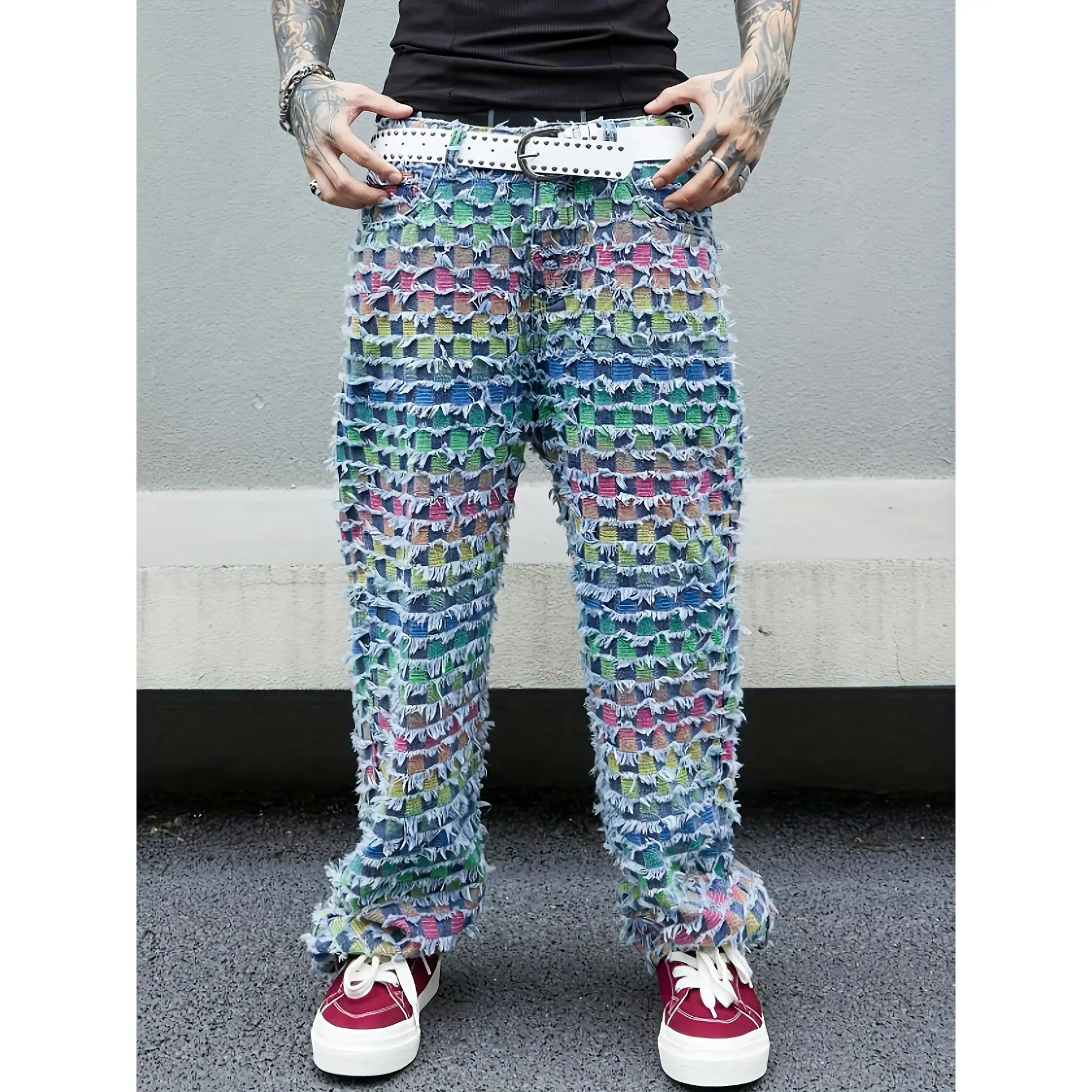 1 pair of men's retro washed, color blocked, and checkered jeans with multiple functions and pockets, fashionable and versatile casual pants
