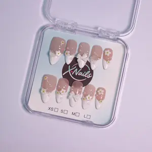 Xnails| 10PCS Handmade Press on nails Almond shape French style Flower and Pearl decoration REUSABLE fake nails acrylic press nails