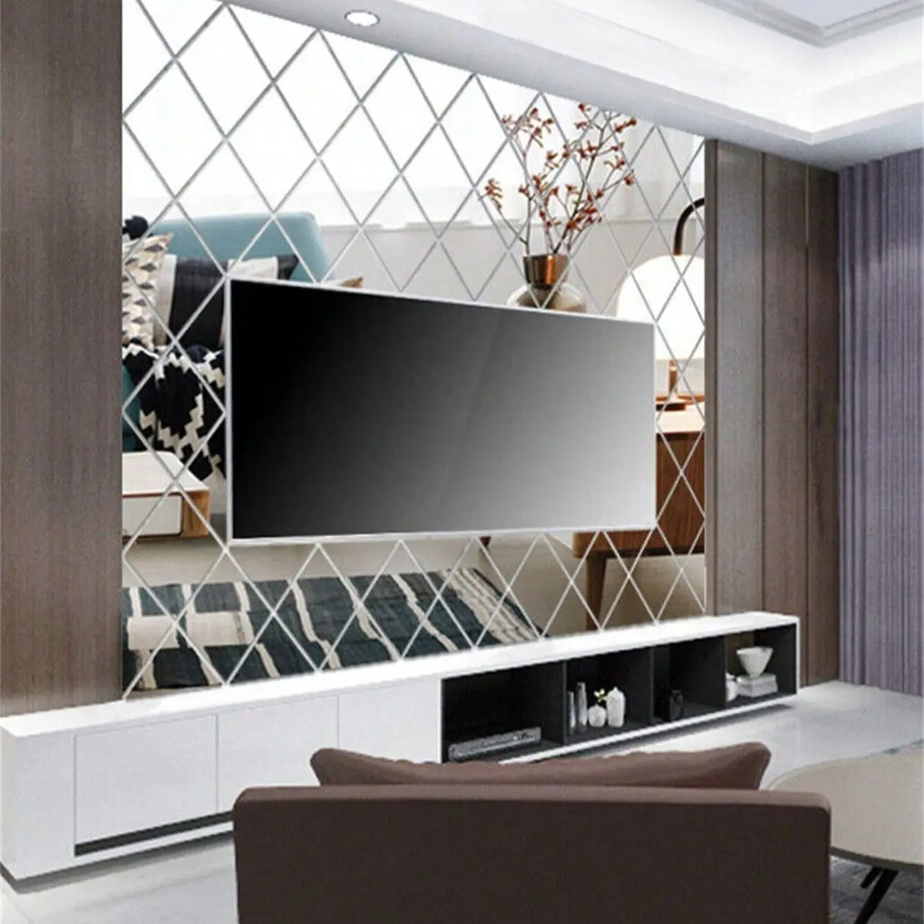 32pcs Acrylic Mirror Wall Stickers, Wall Decals, DIY Removable Art Diamond Tiles, Home Kitchen Living Room Bedroom TV Background Decoration, Removable Decorative Backsplash