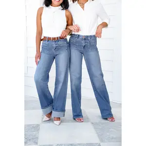 Risen High Rise Medium Wash Wide Leg Cuffed Front Patch Pocket Jeans with Elastic Waistband