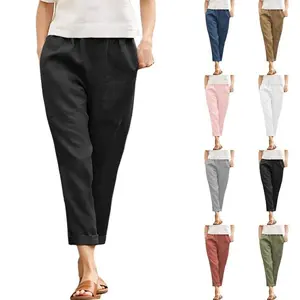 Womens Casual Cotton Tapered Capri Cargo Pants Loose Elastic Waist Ankle Cropped Trouser with Pockets