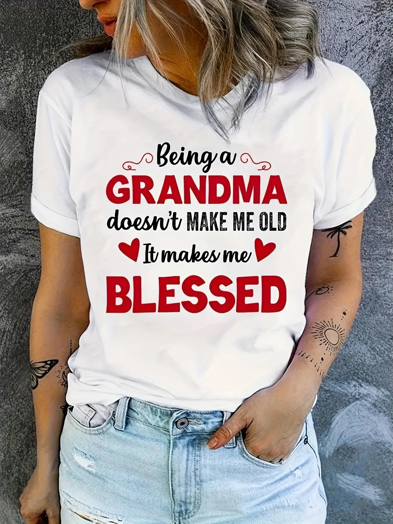 Women's 100% Cotton Feminine Round Neck Aesthetic Jersey Tee - 3 Styles, Smooth Chest Graphic (Blessed Grandma Heart Butterfly Quote), Loose Colorful Everyday Top, Grandmother Gift, Denim Jacket-Ribbed Compatible Summer Breathable Flannel Shirt, Elastic