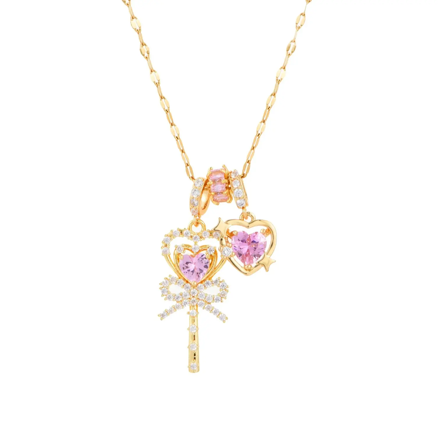 Maison Foufou Diva Pink Magic Golden Necklace with Sparkling Zirconia, y2k Cute Pink Heart and Bow Design, Perfect for Layering & Everyday Wear tarnish proof, girlfriend gifts