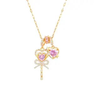 Maison Foufou Diva Pink Magic Golden Necklace with Sparkling Zirconia, y2k Cute Pink Heart and Bow Design, Perfect for Layering & Everyday Wear tarnish proof, girlfriend gifts