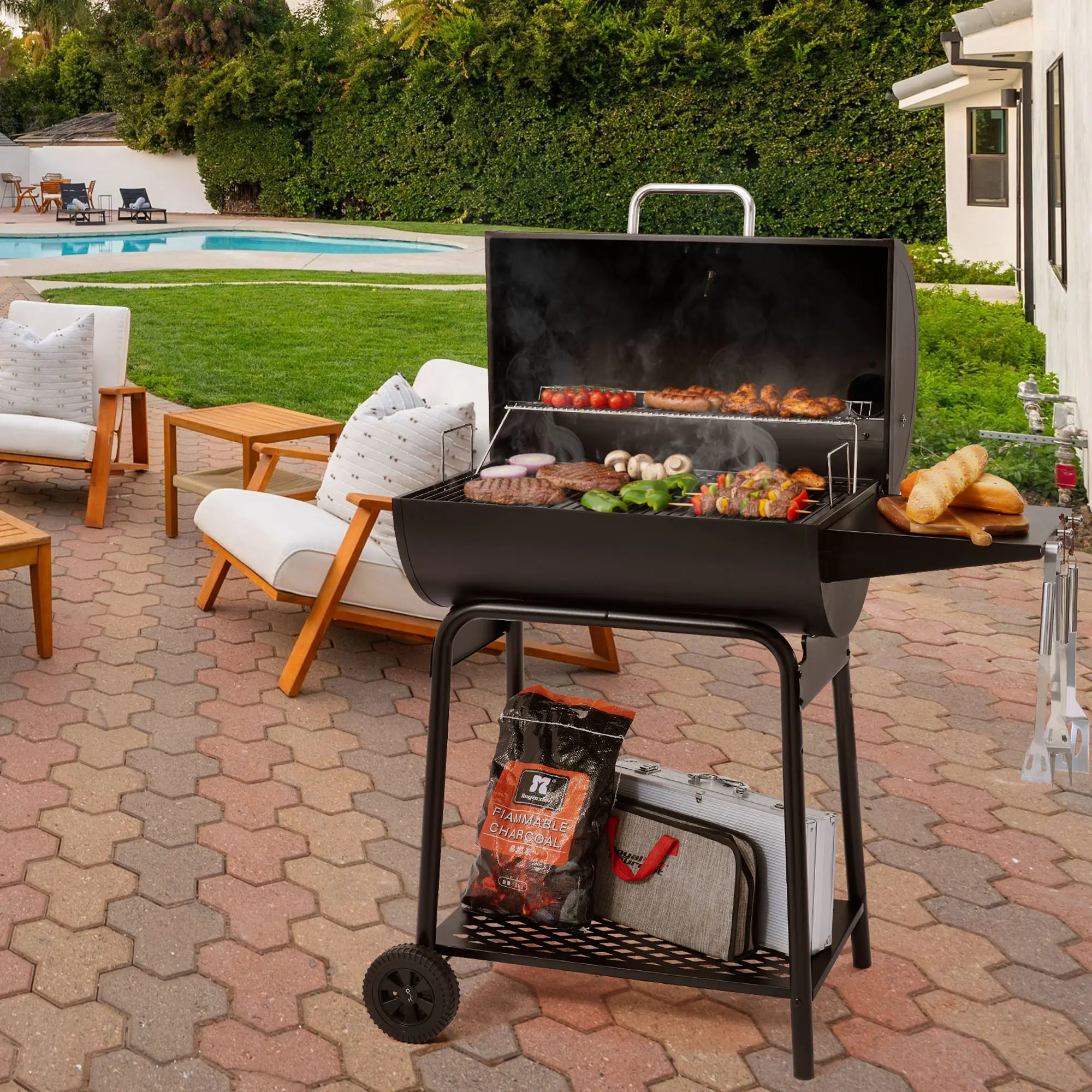 Royal Gourmet CC1830 28-Inch Barrel Charcoal Grill with Side Shelf, 626 Sq. In. Outdoor BBQ Grill for Backyard Cooking, Patio & BBQ Parties, Black Bbq Pit