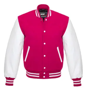 Letterman Varsity Jacket Wool & Real Leather Hot Pink/White Collar Cotton Menswear Bomber
