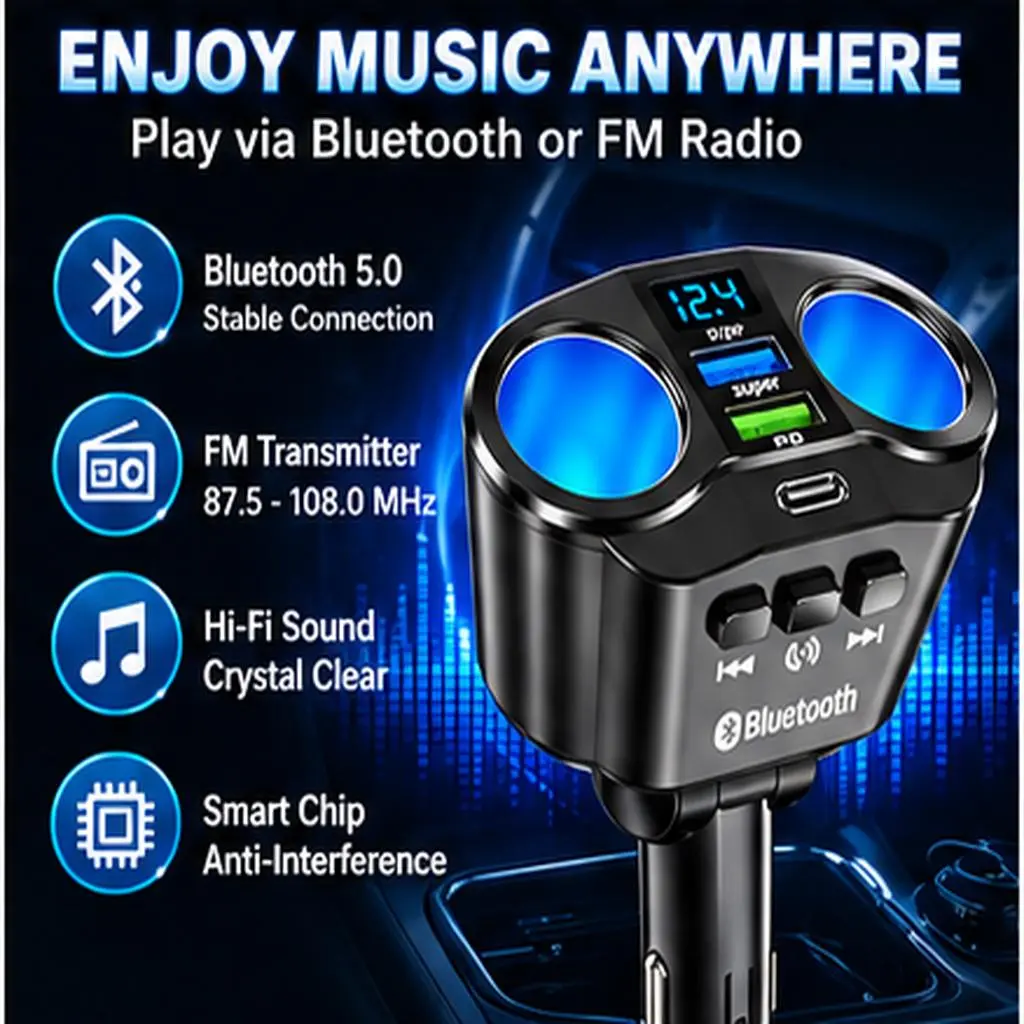 66Wpower Automotive Car Charger Splitter - Dual Socket Power Adapter, USB PD Fast Charging Solution, USB Car Connector, Bluetooth MP3 Player, FM Transmitter, Voltage Display, Hands-Free Call, for iPhone/Android Travel Use