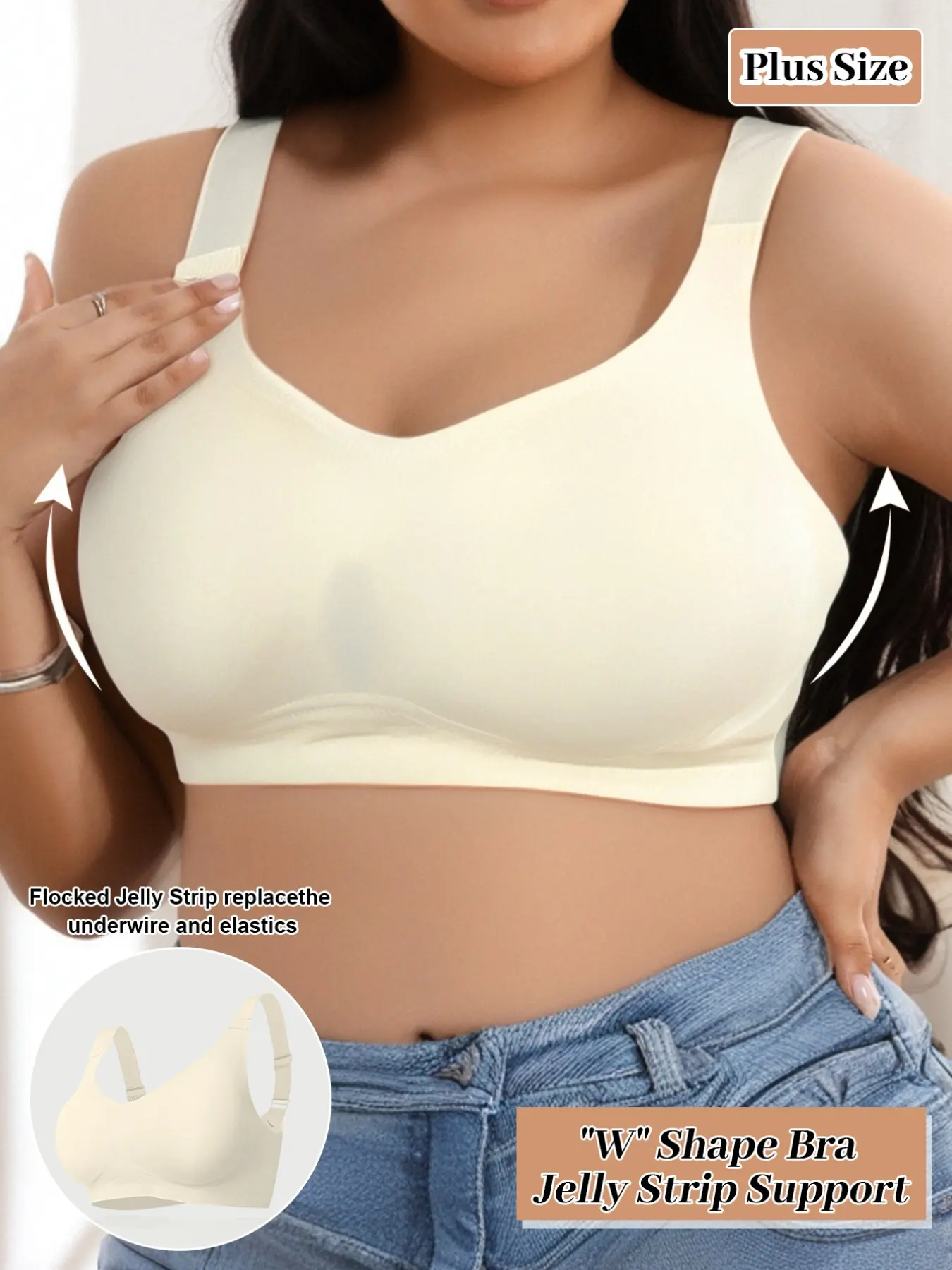 🔥 Plus Size Women's Jelly Strip Soft Support Non Underwire Wireless Natural Lift Bra, Push Up Lift Anti-Sagging Side Support, Wide Adjustable Straps U-Shaped Back, Full Bust Friendly for Yoga Commute All Scenarios Wear Adjustable Bras