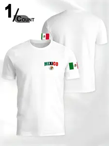 Men's Casual Mexican Flag Print Round Neck Short Sleeve T-Shirt, Menswear, Lightweight Comfortable, Daily Wear, Fashion Versatile Sports Style