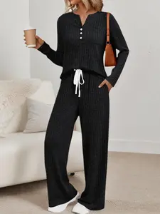 Women's Two-Piece Casual Set, Autumn Winter, Henry Neck Knit Sweater, Comfortable Sleepwear with Pocket Design