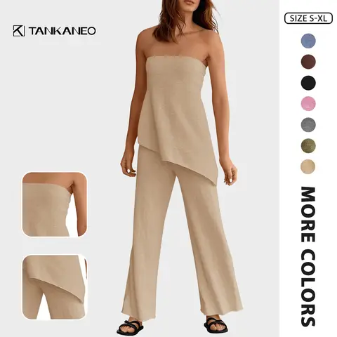 Tankaneo Womens 2 Piece Outfits Asymmetrical Tube Top Wide Leg Pants Knit Vacation Travel 2025 Matching Lounge Sets