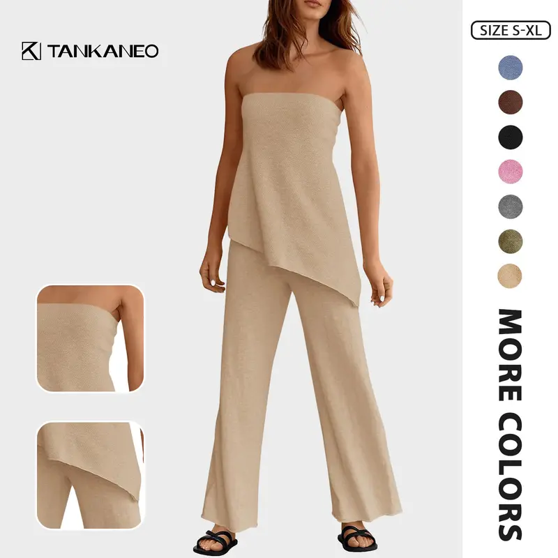 Tankaneo Womens 2 Piece Outfits Asymmetrical Tube Top Wide Leg Pants Knit Vacation Travel 2025 Matching Lounge Sets