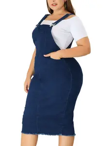 Agnes Orinda Plus Size Jeans Adjustable Strap Back Slit Distressed Denim Overall Dress