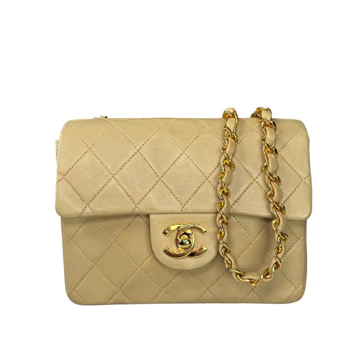 Pre-owned CHANEL Leather Mini Bags CC Classic 90s Mini Square Beige Lambskin GHW Shoulder Purse