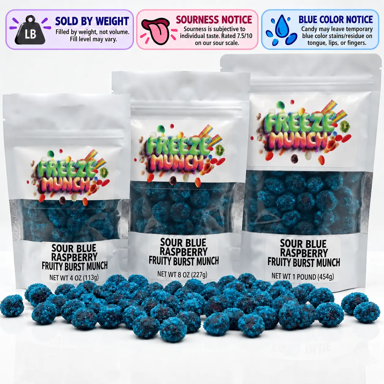 Freeze Munch Sour Blue Raspberry Fruity Burst Munch Bites Candy - Sour Blue Raspberry Coated Powder Fruity Snacks Chewy Liquid Filled Center Super Sour Candy