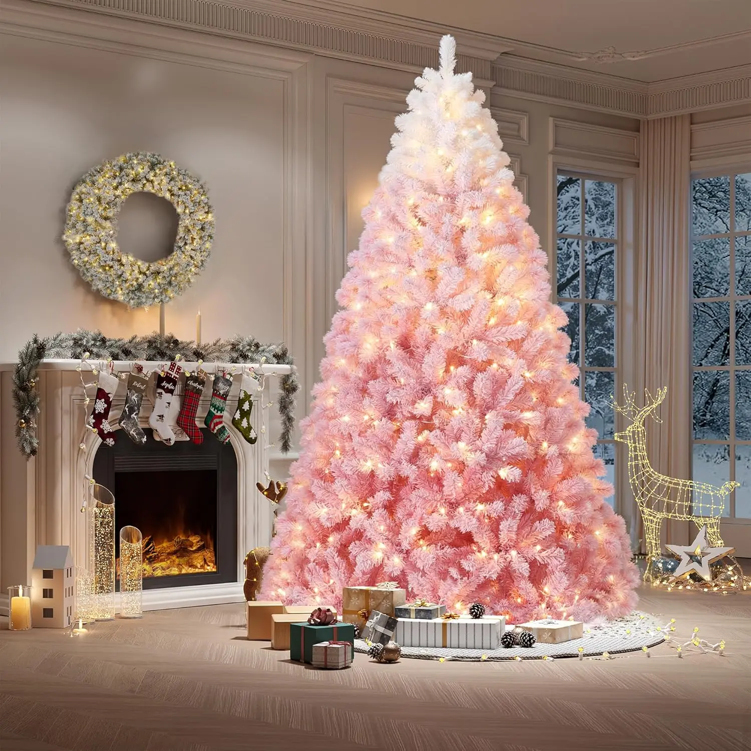 Blush Pink 9 ft Pre-lit PVC Standing Artificial Christmas Tree - Life-Size, Light-Up, Sparkling Christmas Decor, 800 Warm White LED Lights, Snow Flocked Design, 1918 Branch Tips, Metal Stand, Indoor-Outdoor Holiday Decoration, Life-Size Christmas Decor