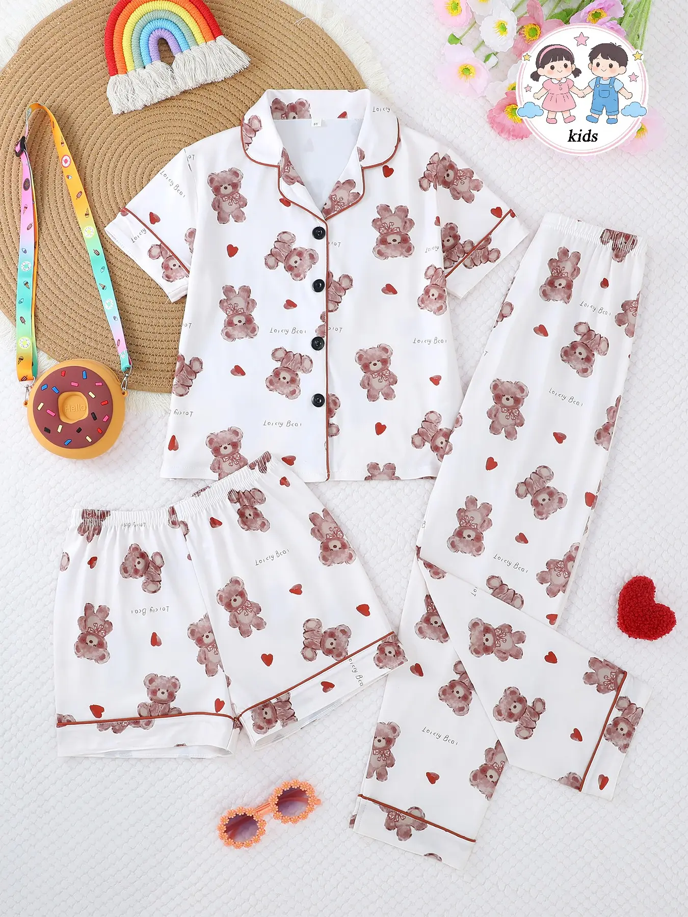 3-Piece Cartoon Teddy Bear Print Kids Collared Pajama Set, Fitted Pajamas, Cartoon Pattern Pajamas, Button Front Fitted Casual Sleepwear, All Seasons, Printed Sleepwear Set, Girls Medium & Large