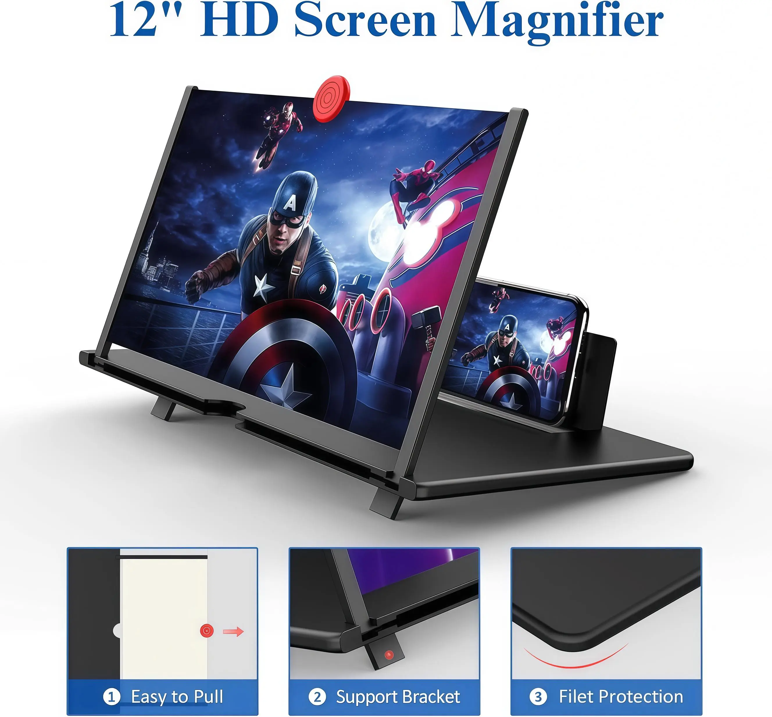 12" Screen Magnifier,3D HD Mobile Phone Magnifier Projector Screen Enlarger for Movies, Videos, and Gaming,Foldable Cell Phone Stand with Screen Amplifier,Supports All Smartphones (Black, 12inch)