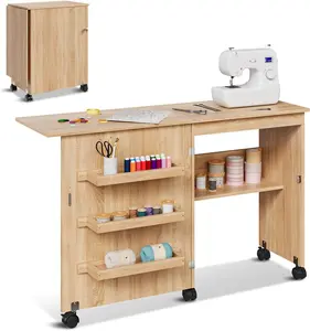 Folding Sewing Table, Multipurpose Sewing Machine Table with Compact Design, Craft Station & Side Desk with Lockable Wheels, Storage Shelves, Storage Trays, Pegs, Magnetic Locks