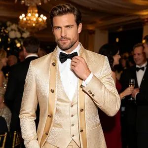 Men's Luxury Mandarin Collar 4-Piece Suit, Jacquard Blazer Vest Trousers & Bow Tie Set