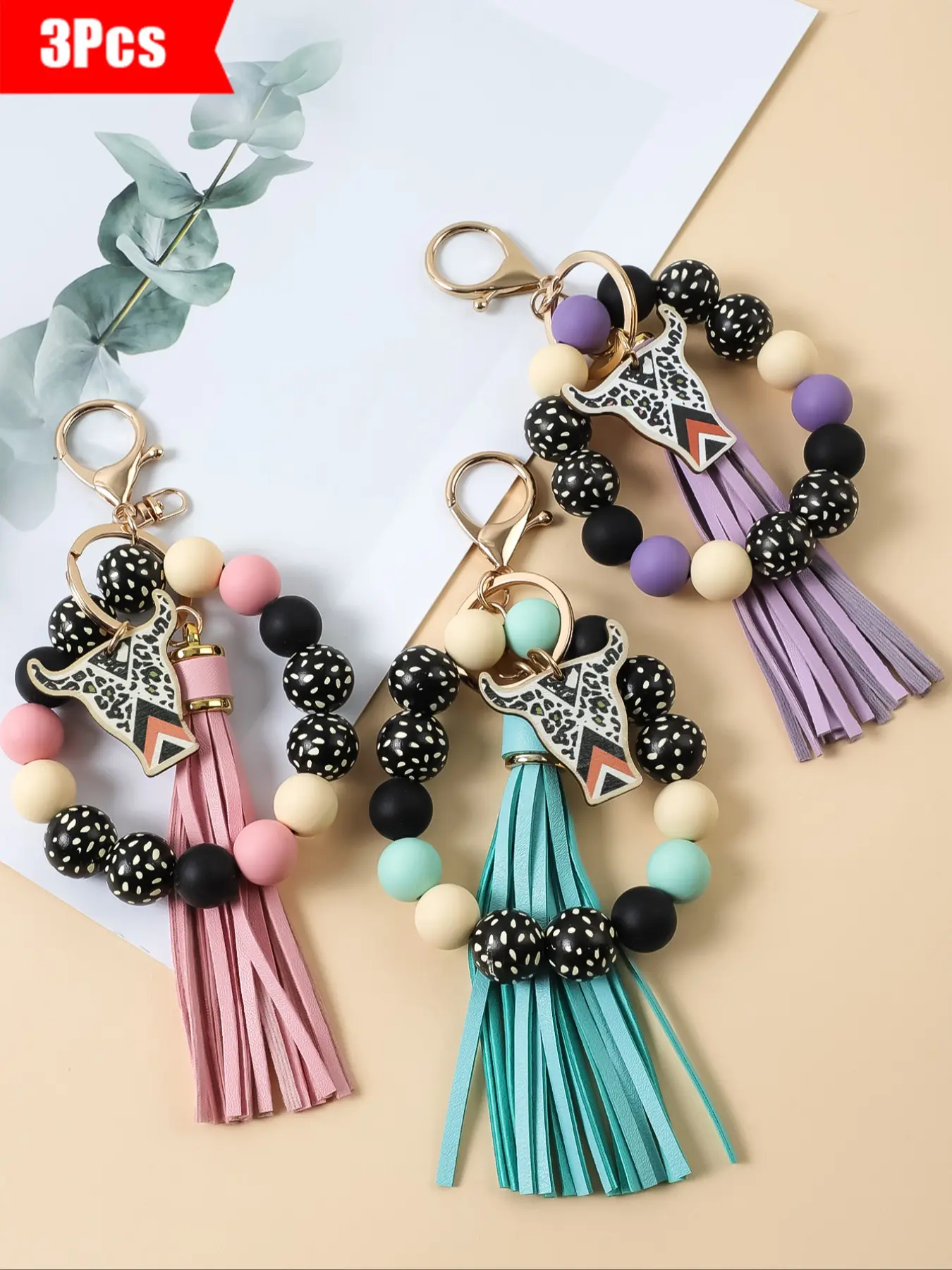 3PCS-Boho Style Cow Head Beaded Wrist Keychain Set, Keychain Wristlet, Stylish Keychain, Keyrings, Unique Leopard Print Pendant, Colorful Tassels, Perfect Gift for Friends & Holidays, Keychain For Bags