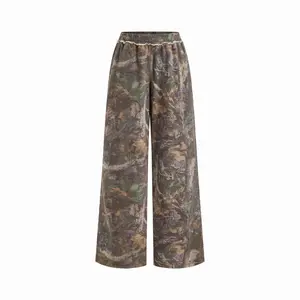 Cider Cotton-blend Mid Rise Elastic Waist Floral Camo Wide Leg Trousers