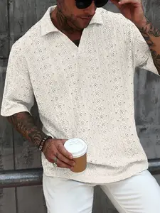 Men's Vacation Casual Style, Spring Summer Crochet Breathable Mesh Design, Bohemian Texture Jacquard Fabric, Perfect for Tropical Holidays and Beach Vacations, Polo Shirts