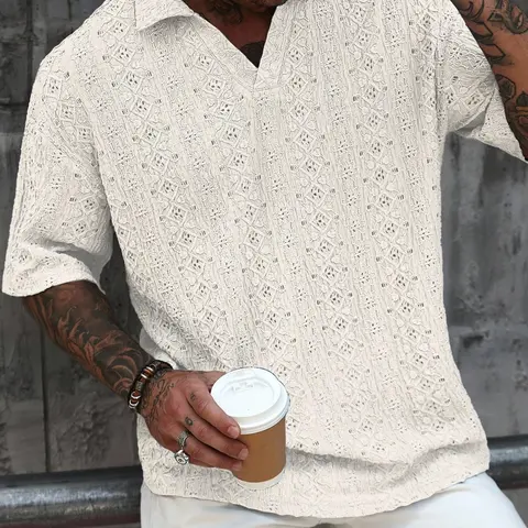 Men's Casual Style Polo Shirt, Collared Polo Shirts, Summer Clothing, Bohemian Textured Jacquard Fabric Collared Shirt, Perfect for Holidays, Beach & Vacations, Breathable Relaxed Fit Top